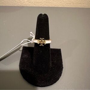 Tory Burch Kira White Enamel Ring with Gold Logo Accent - Size 6.5